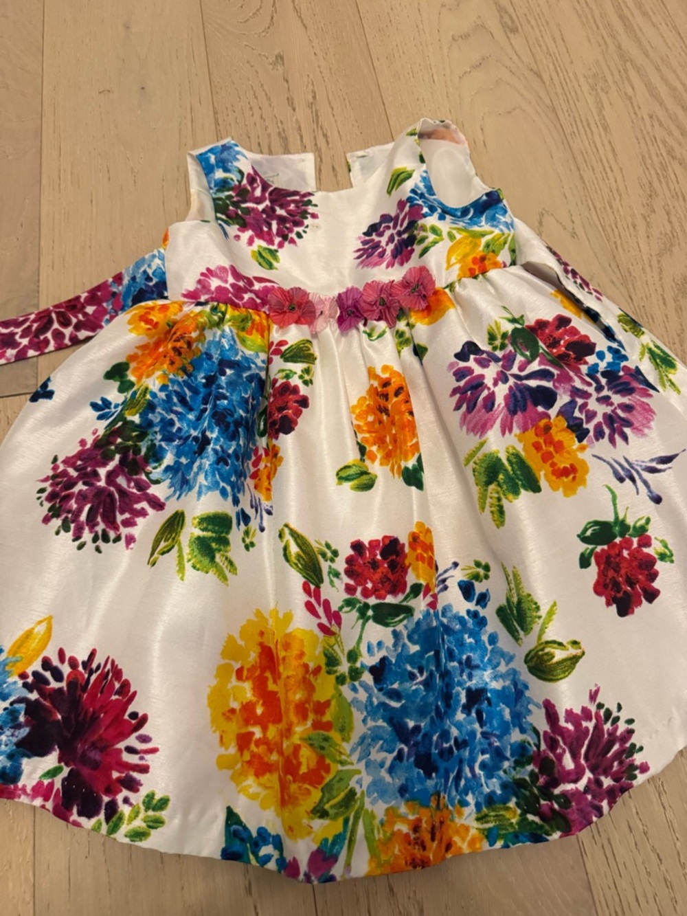 marmellata White Floral Satin Dress with Blue, Yellow, Pink & Purple Flowers
